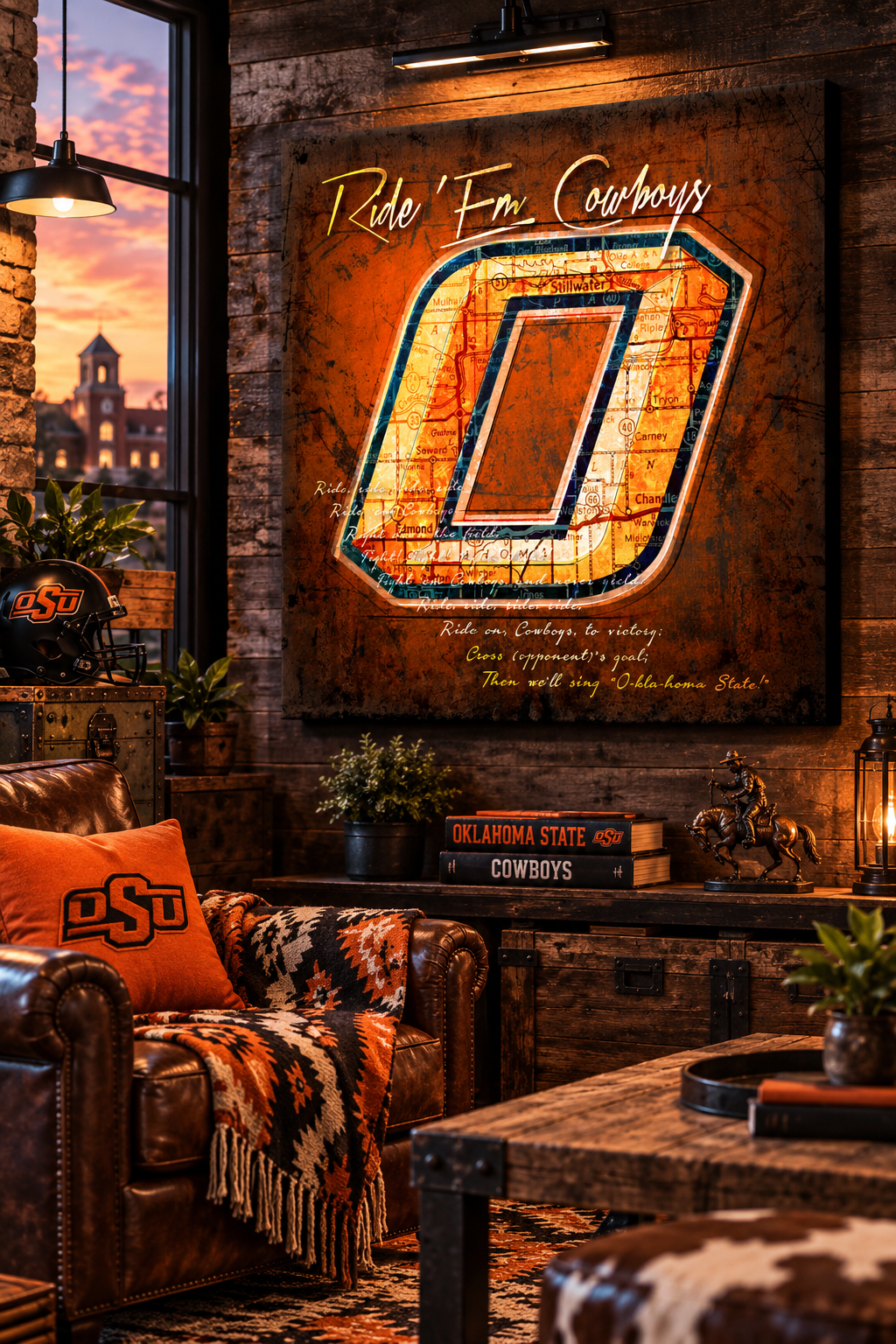 Oklahoma State Cowboys Canvas Wall Art | Vintage Stillwater Map & Ride 'Em Cowboys Fight Song Decor