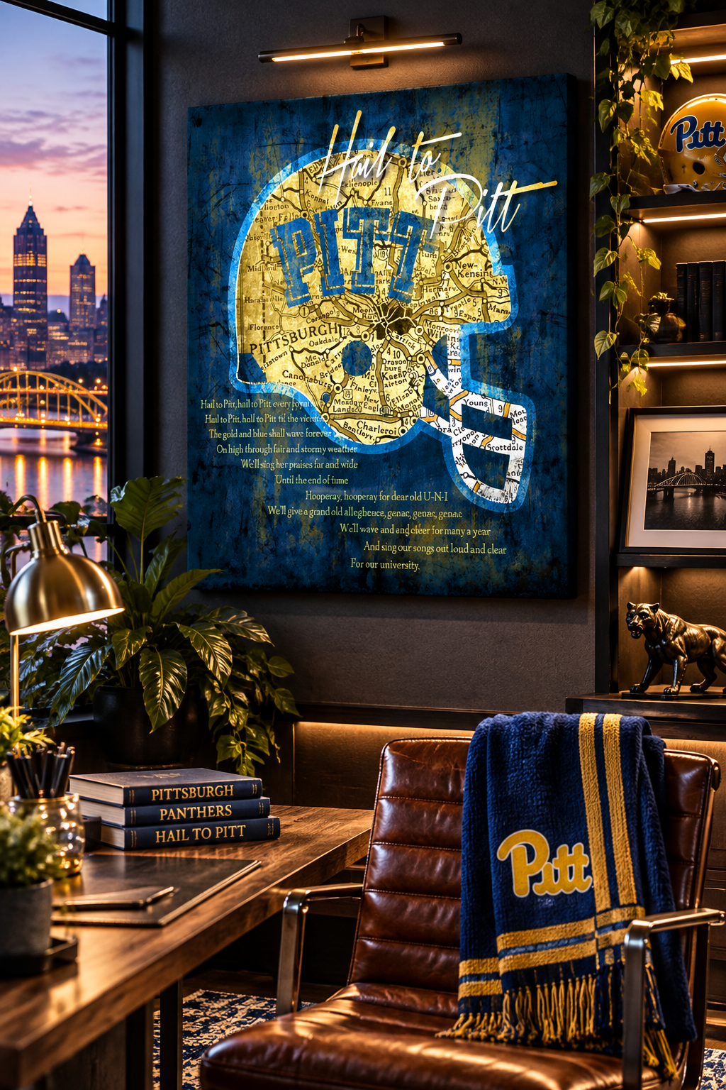 Pitt Panthers Football Helmet Canvas Wall Art | Vintage Pittsburgh Map & Hail to Pitt Fight Song Decor