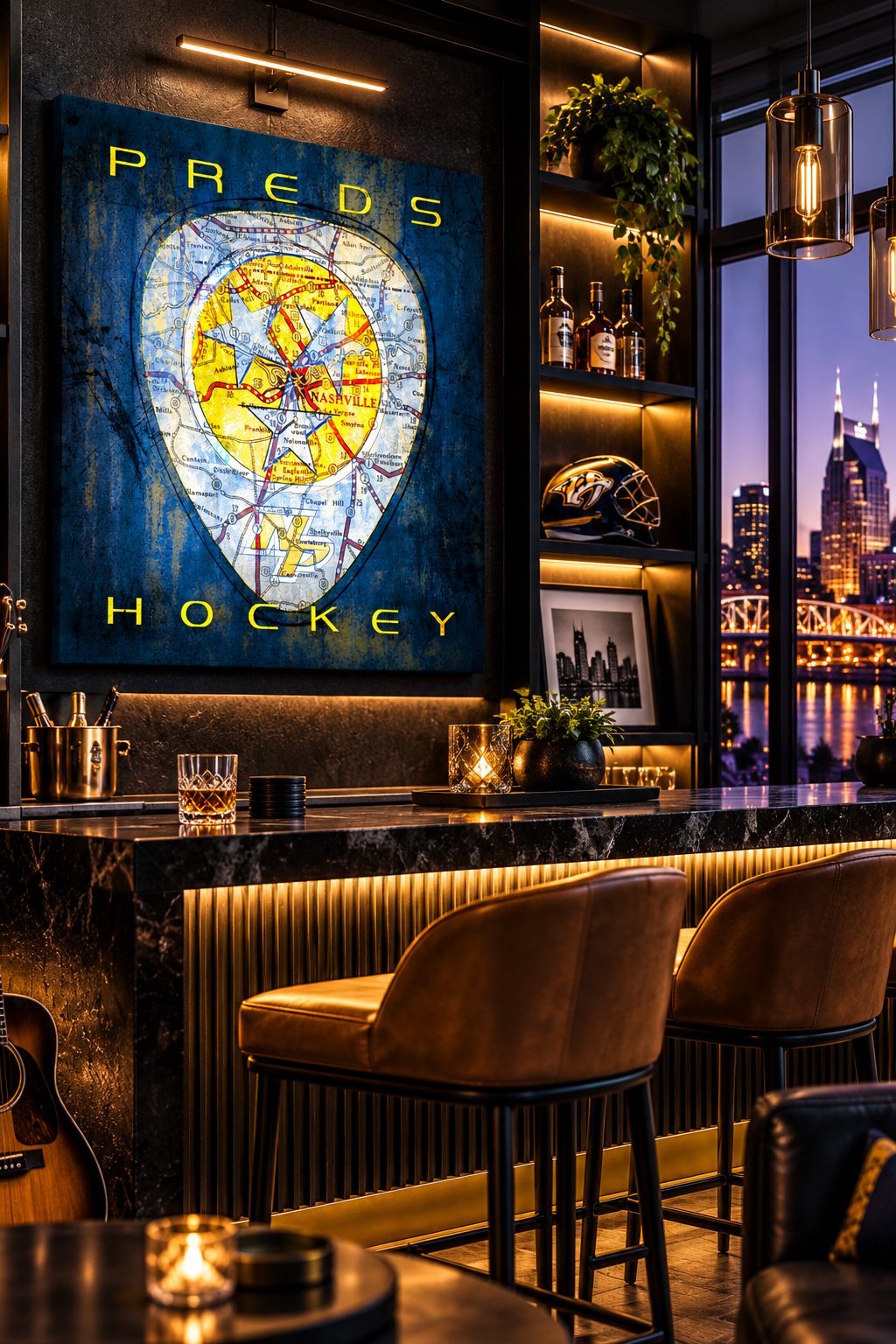 Nashville Predators Canvas Wall Art | Vintage Nashville City Map, Guitar Pick Design & Preds Hockey Decor