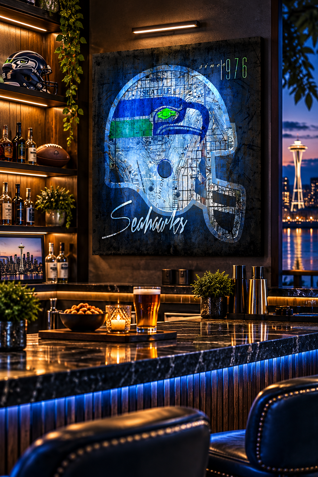 Seattle Seahawks Canvas Wall Art | Vintage Seattle City Map | Football Helmet Man Cave Decor