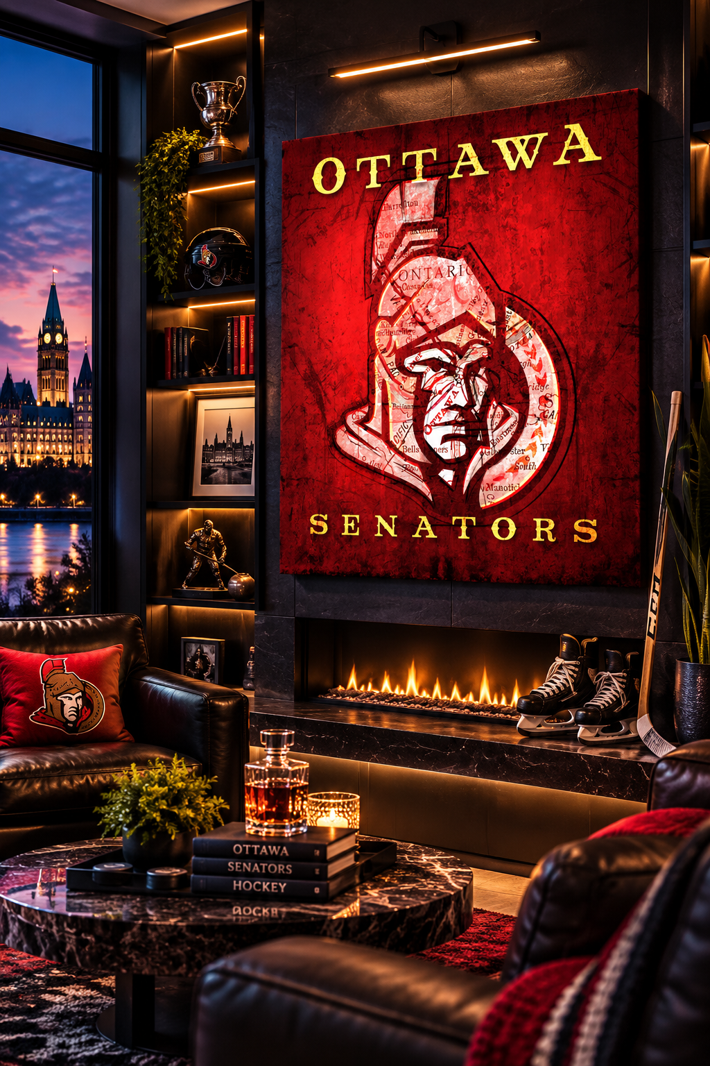 Ottawa Senators Canvas Wall Art | Vintage Ottawa City Map, Roman Soldier Logo & Hockey Decor