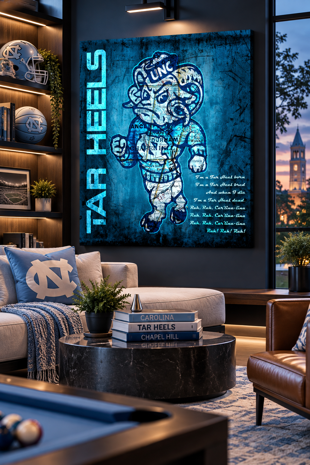 North Carolina Tar Heels Canvas Wall Art | Vintage Chapel Hill Map & UNC Fight Song | Rameses Mascot Decor