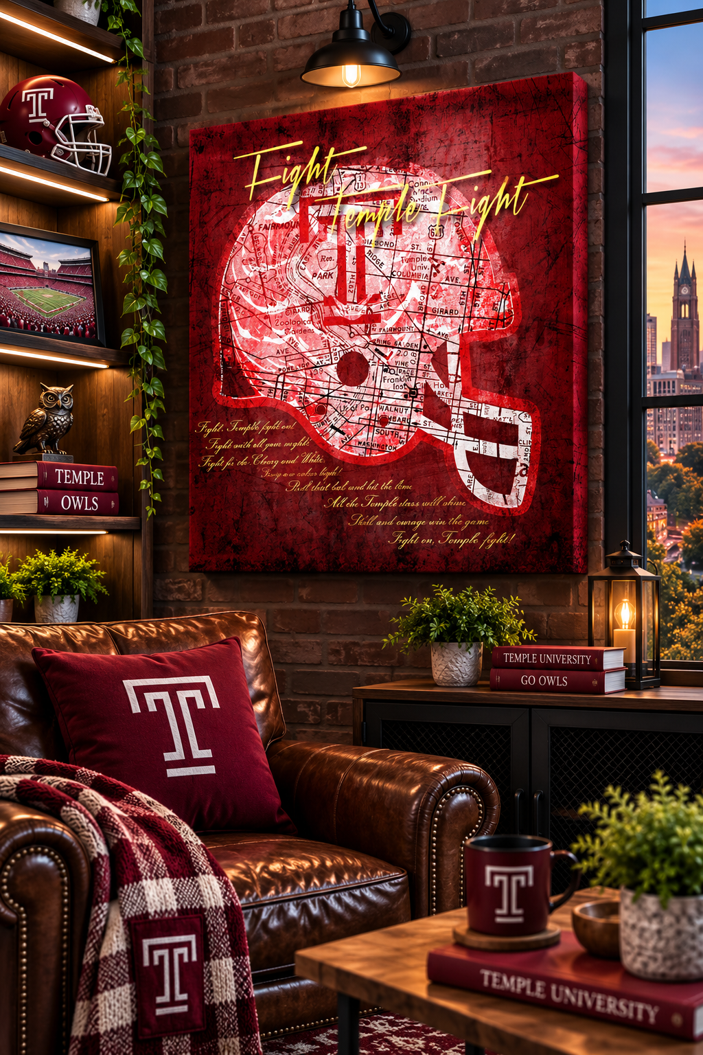 Temple Owls Fight Song Canvas Wall Art | Vintage Philadelphia City Map | Temple University Football Decor & Alumni Gift