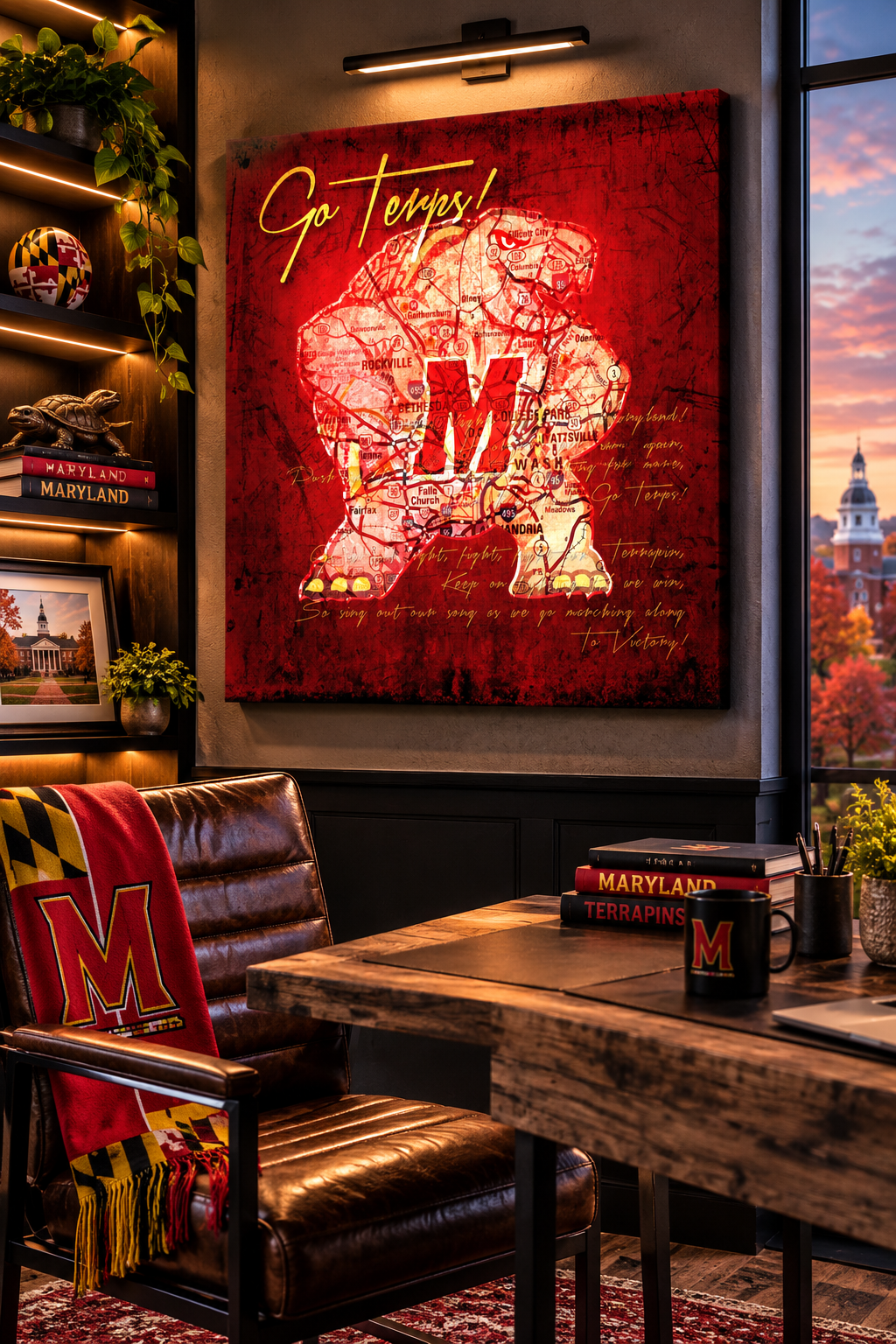 Maryland Terrapins Canvas Wall Art | Vintage College Park Map & Fight Song Lyrics | Go Terps Decor