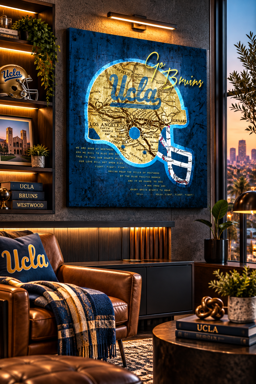 UCLA Bruins Canvas Helmet Wall Art | Vintage Los Angeles Map & Fight Song Lyrics