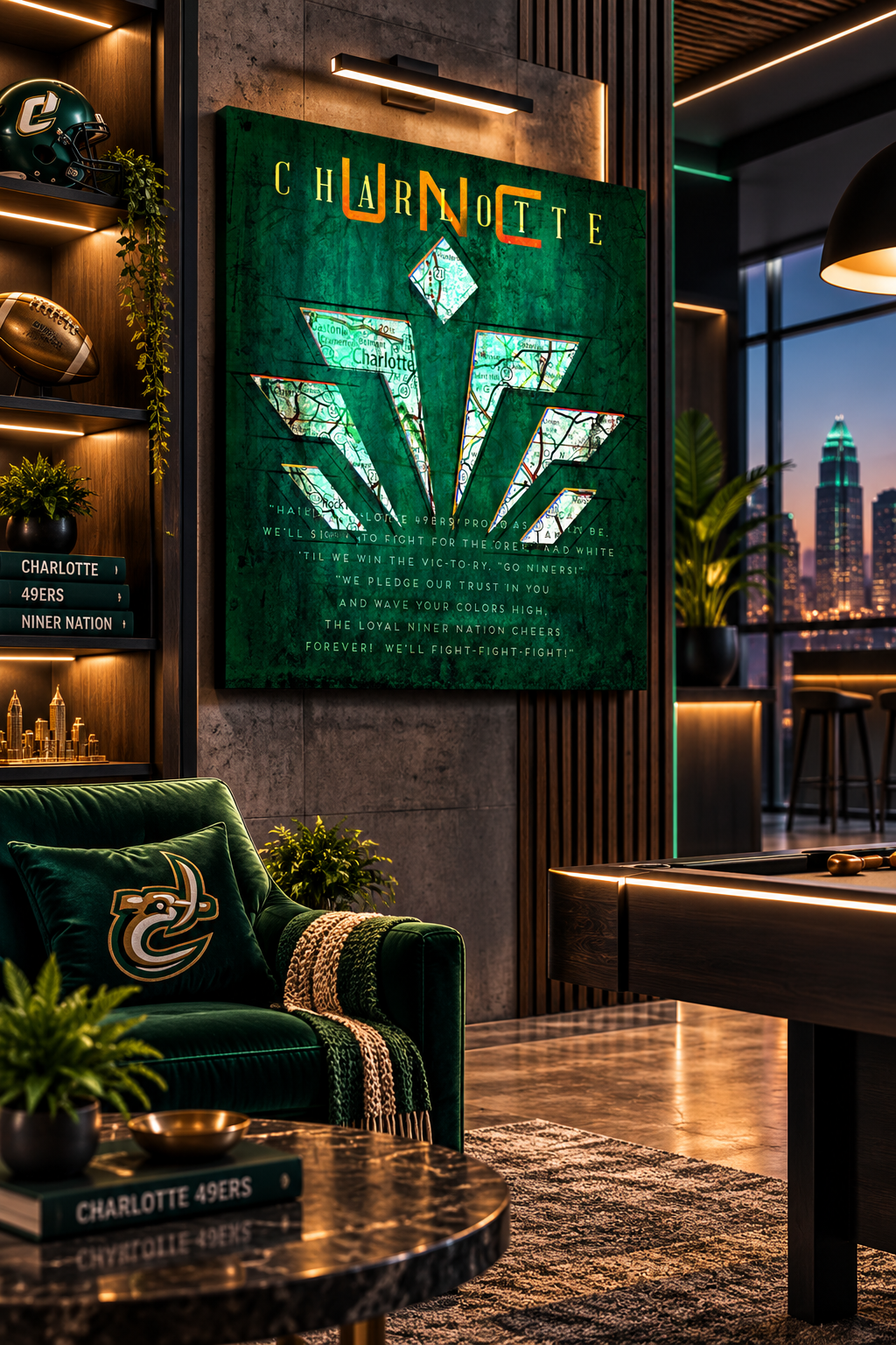 UNC Charlotte 49ers Canvas Wall Art | Vintage Charlotte NC Map, Pickaxe Design & Fight Song Lyrics