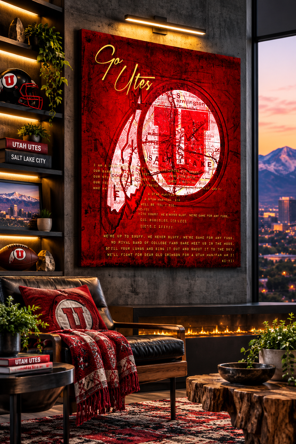 Utah Utes Canvas Wall Art | Vintage Salt Lake City Map & Fight Song Lyrics