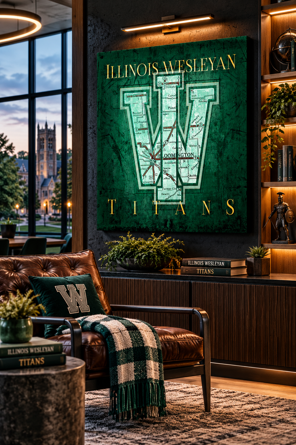Illinois Wesleyan Titans Canvas Wall Art | Vintage Bloomington Illinois Map & W Monogram
