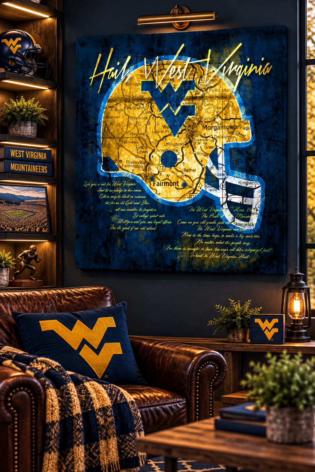 West Virginia Mountaineers Football Helmet Wall Art | Vintage Morgantown Map & Fight Song Canvas