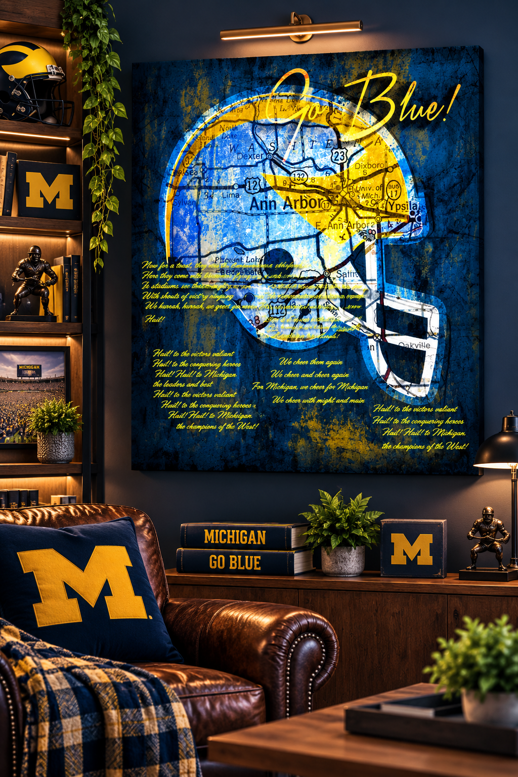 Michigan Football Wall Art | Vintage Ann Arbor Map & Fight Song Canvas