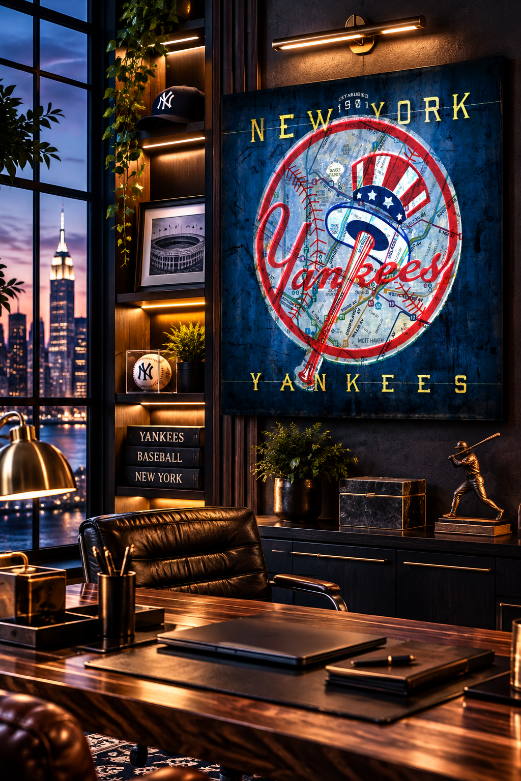 New York Yankees Canvas Wall Art | Vintage NYC Map, Baseball Bat & Uncle Sam Top Hat Logo Design