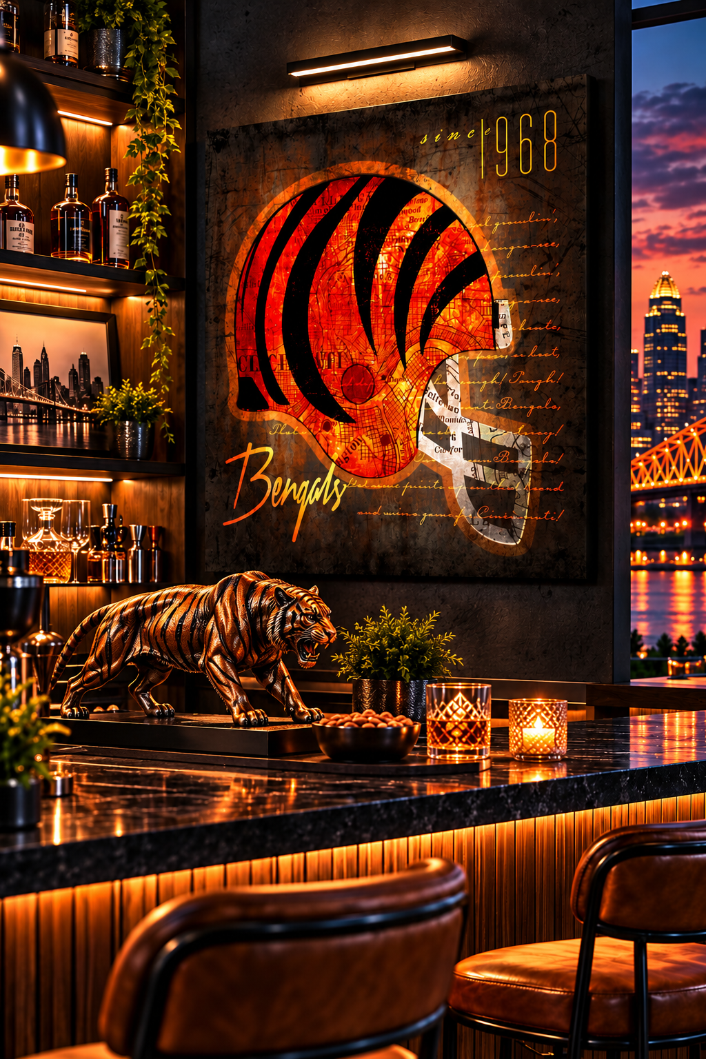 Cincinnati Bengals Canvas Wall Art | Vintage Cincinnati City Map | Football Helmet Man Cave Decor