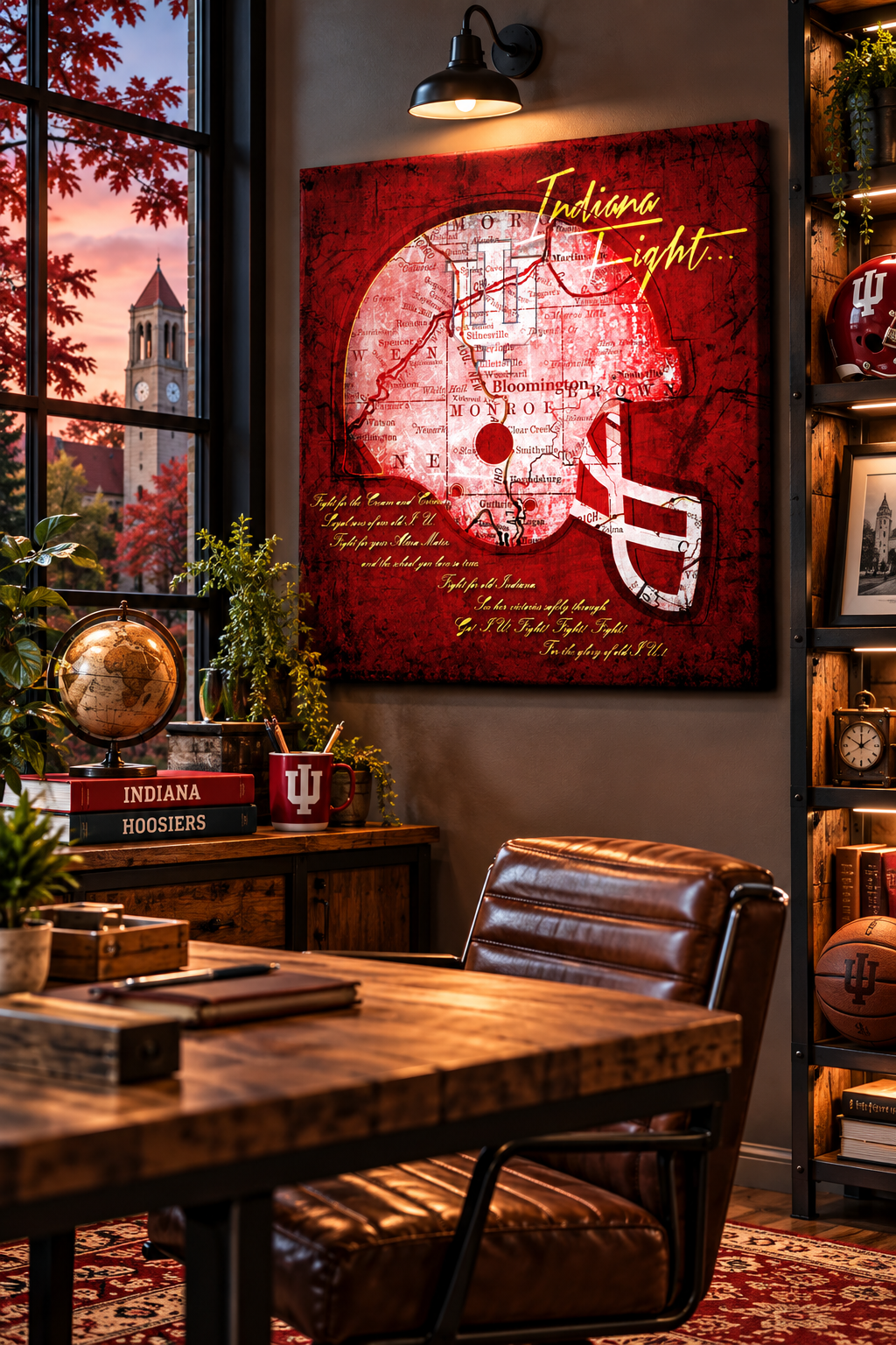 Indiana Hoosiers Football Helmet Canvas Wall Art | Vintage Bloomington Map & Indiana Fight Song Decor
