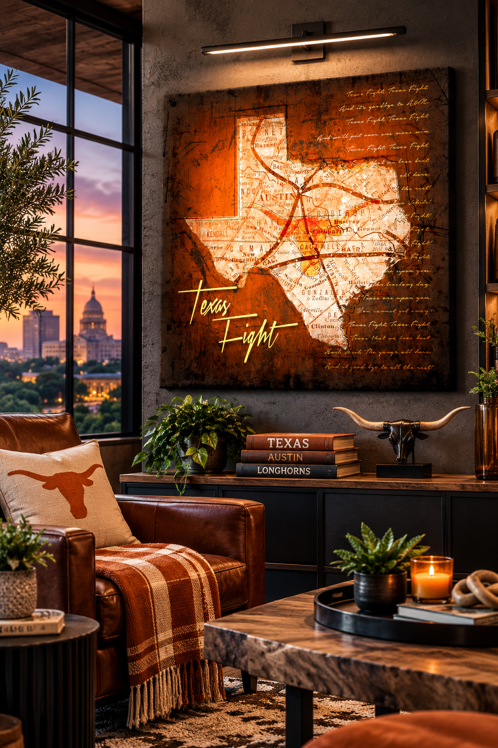 Texas Longhorns Canvas Wall Art | Vintage Texas State Map & Texas Fight Song Lyrics