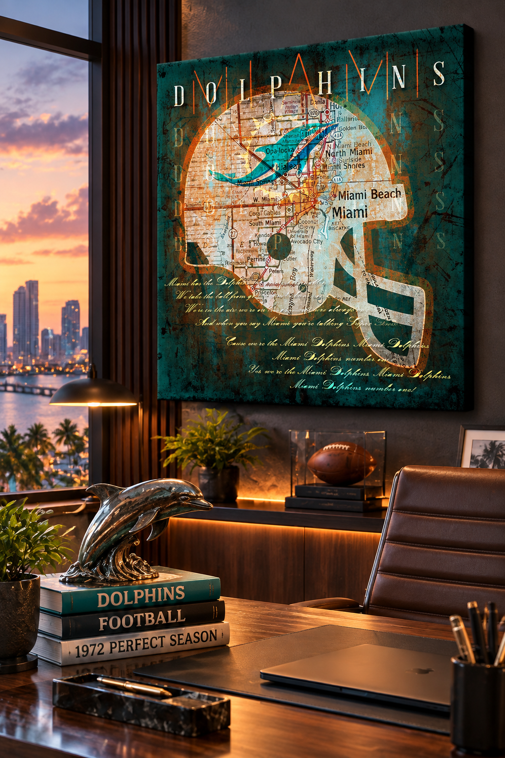 Miami Dolphins Wall Art | Vintage Miami City Map Football Helmet Canvas with Fight Song Lyrics