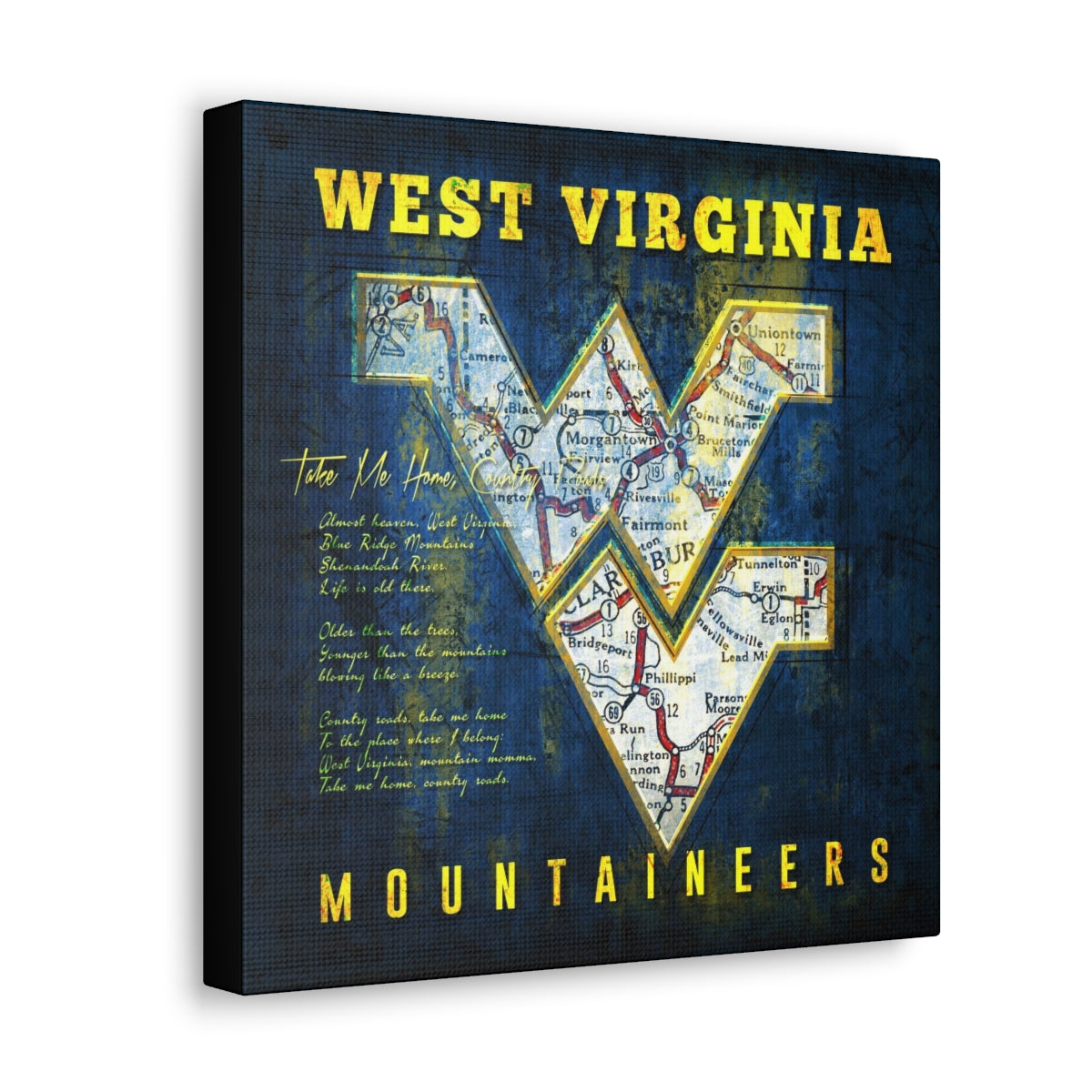 West Virginia Mountaineers Vintage Canvas Map | Fight Song Lyrics