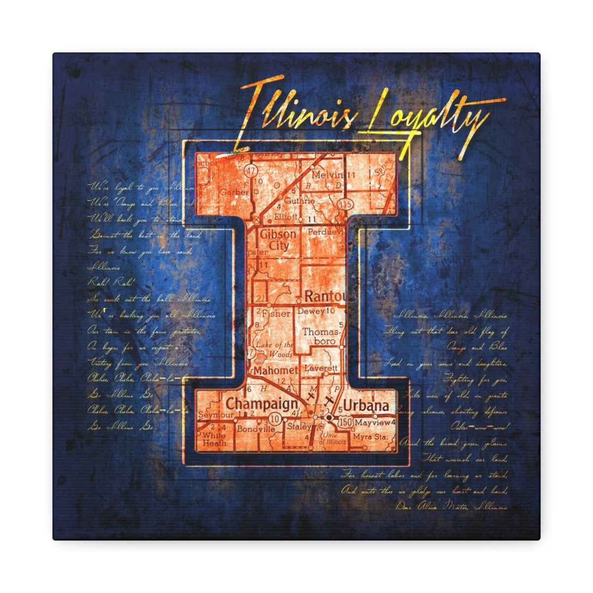 Illinois Fighting Illini Vintage Canvas Map | Fight Song Lyrics