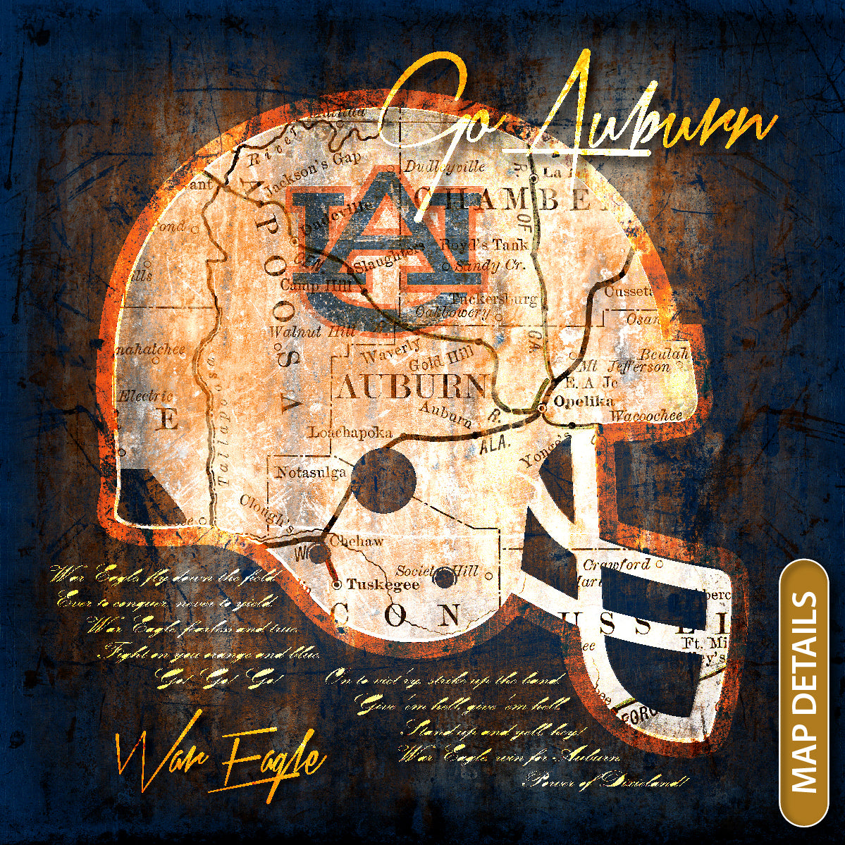 Auburn Tigers Vintage Canvas Map | Fight Song Lyrics