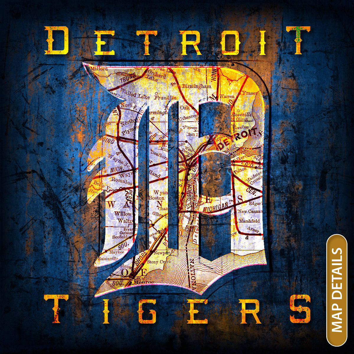 Detroit Tigers Vintage Canvas Map