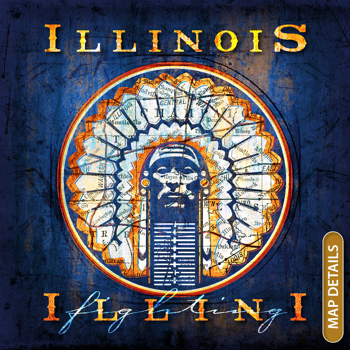 Illinois Fighting Illini Vintage Canvas Map