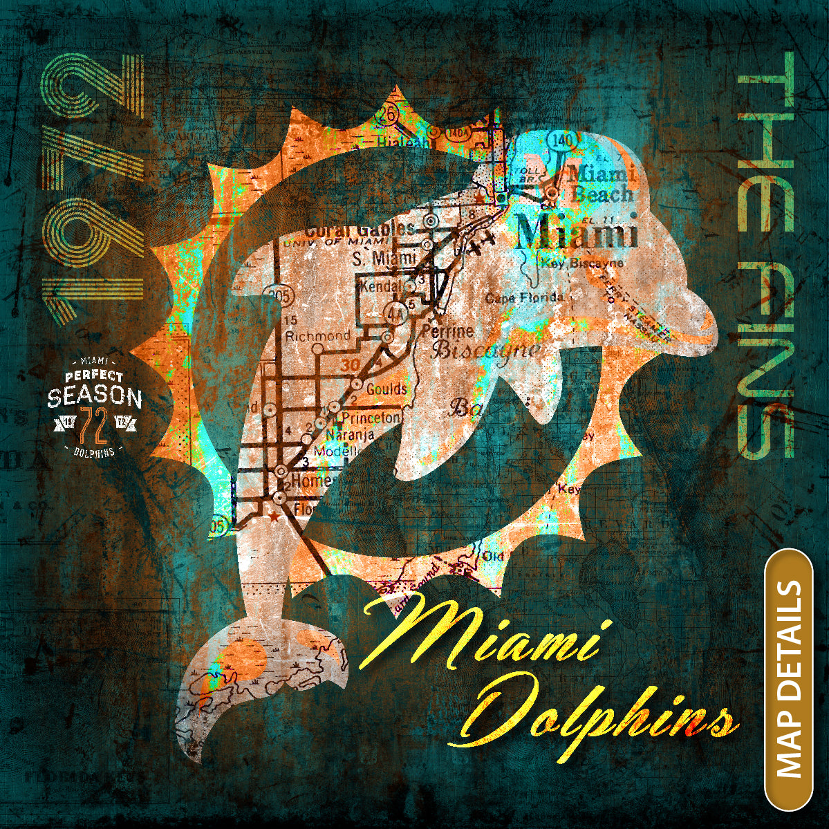 Miami Dolphins Vintage Canvas Map | 1972 Perfect Season