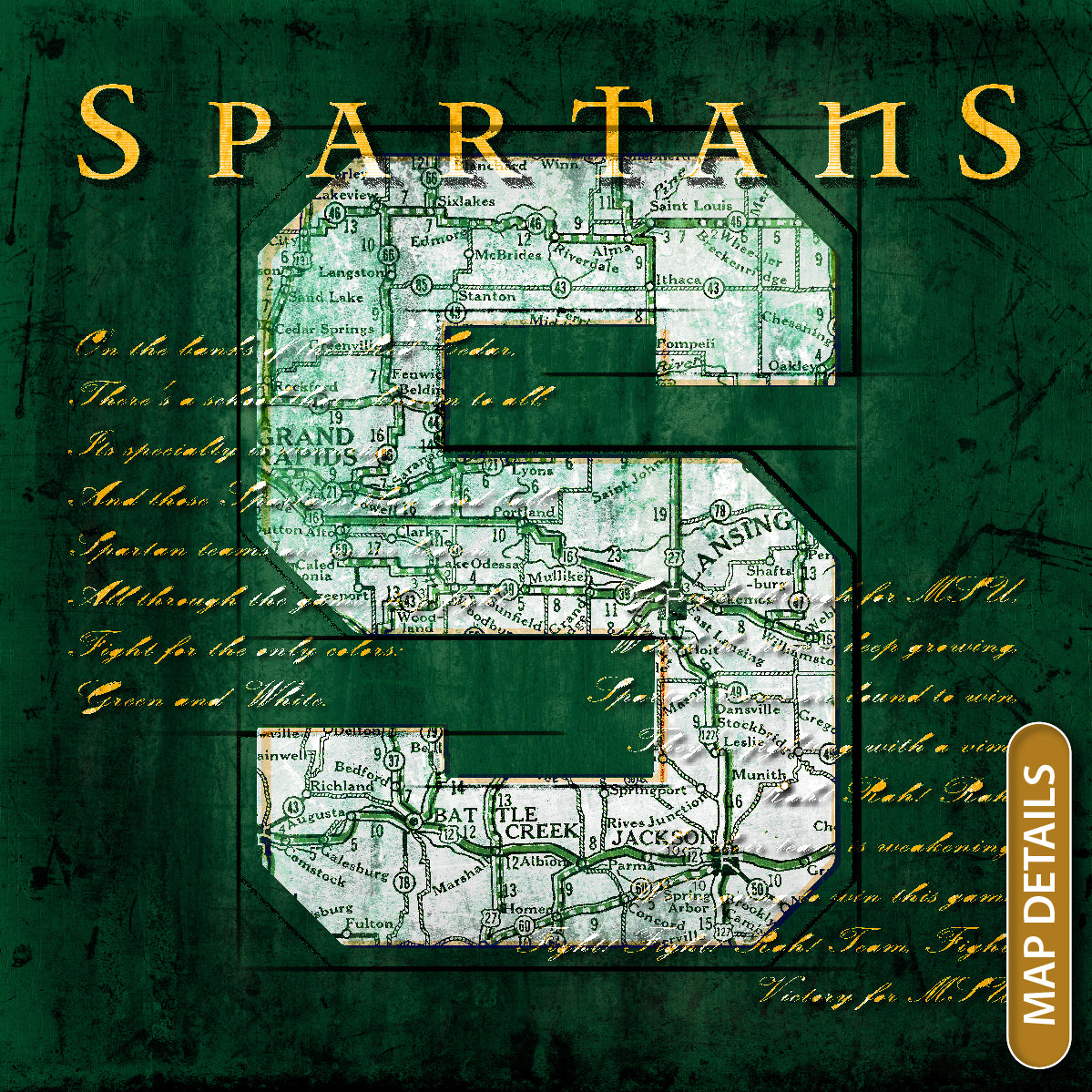 Michigan State Spartans Vintage Canvas Map | Fight Song Lyrics