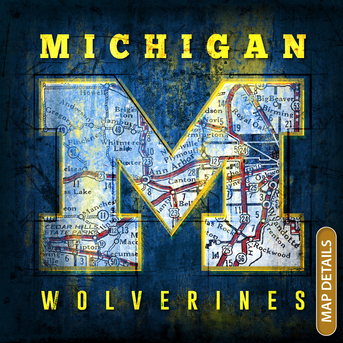 Michigan Wolverines Vintage Canvas Map