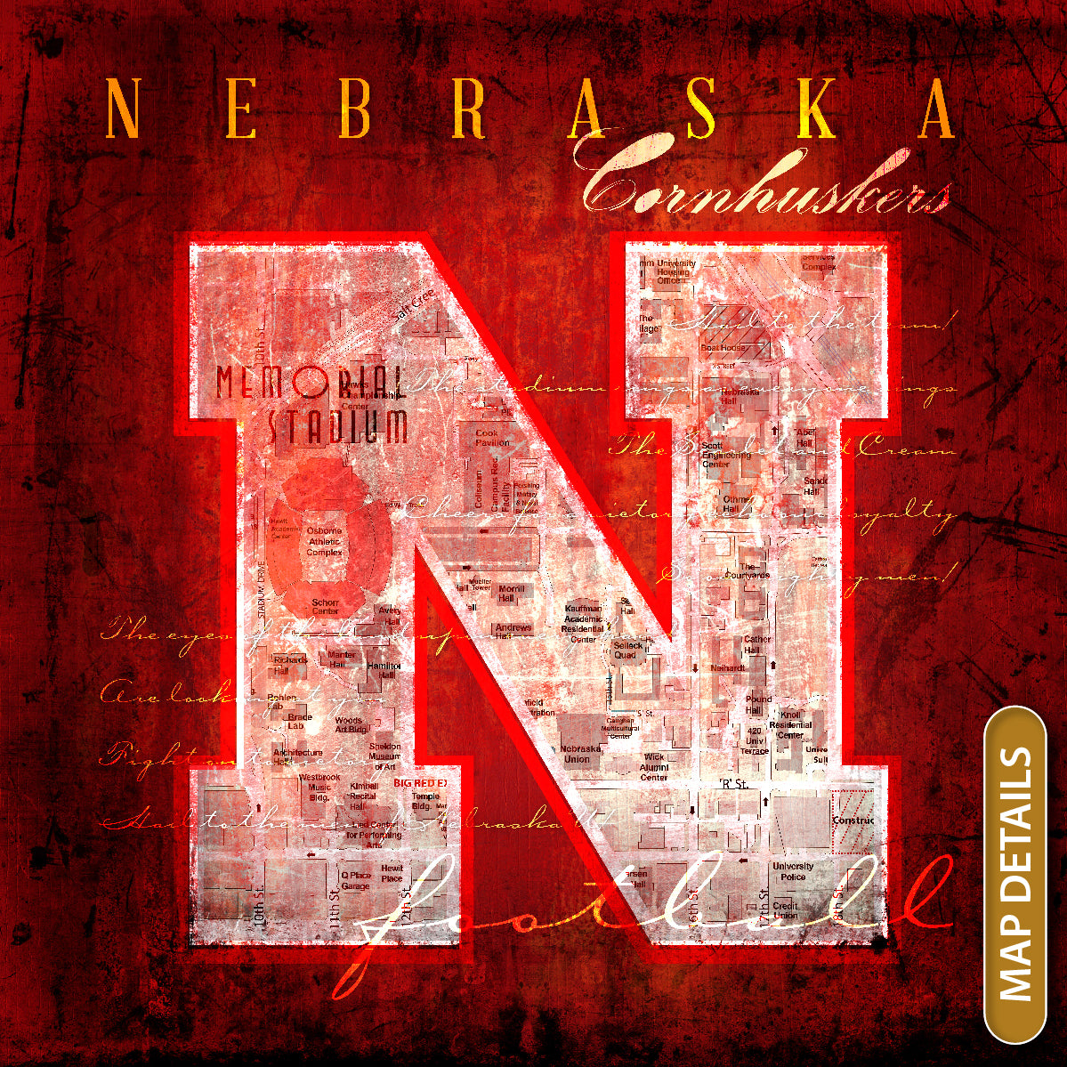 Nebraska Cornhuskers Vintage Canvas Map | Fight Song Lyrics