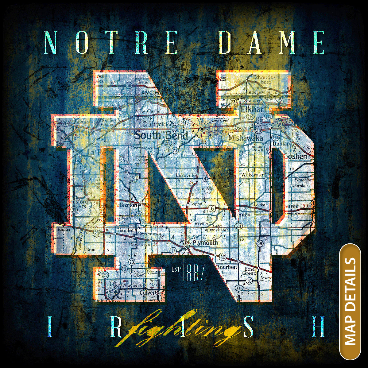 Notre Dame Fighting Irish Vintage Canvas ND Map