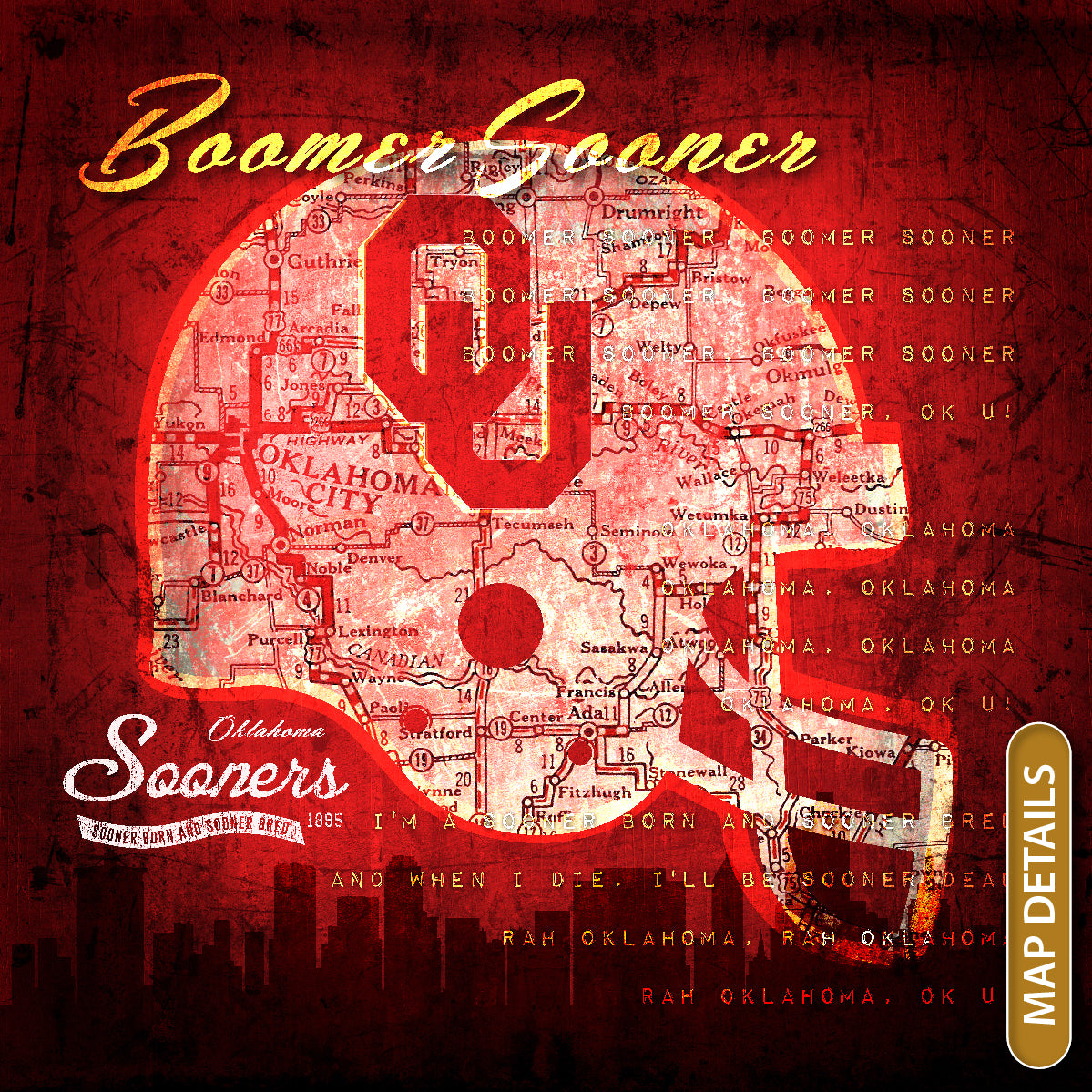 Oklahoma Sooners Vintage Canvas Map | Fight Song Lyrics