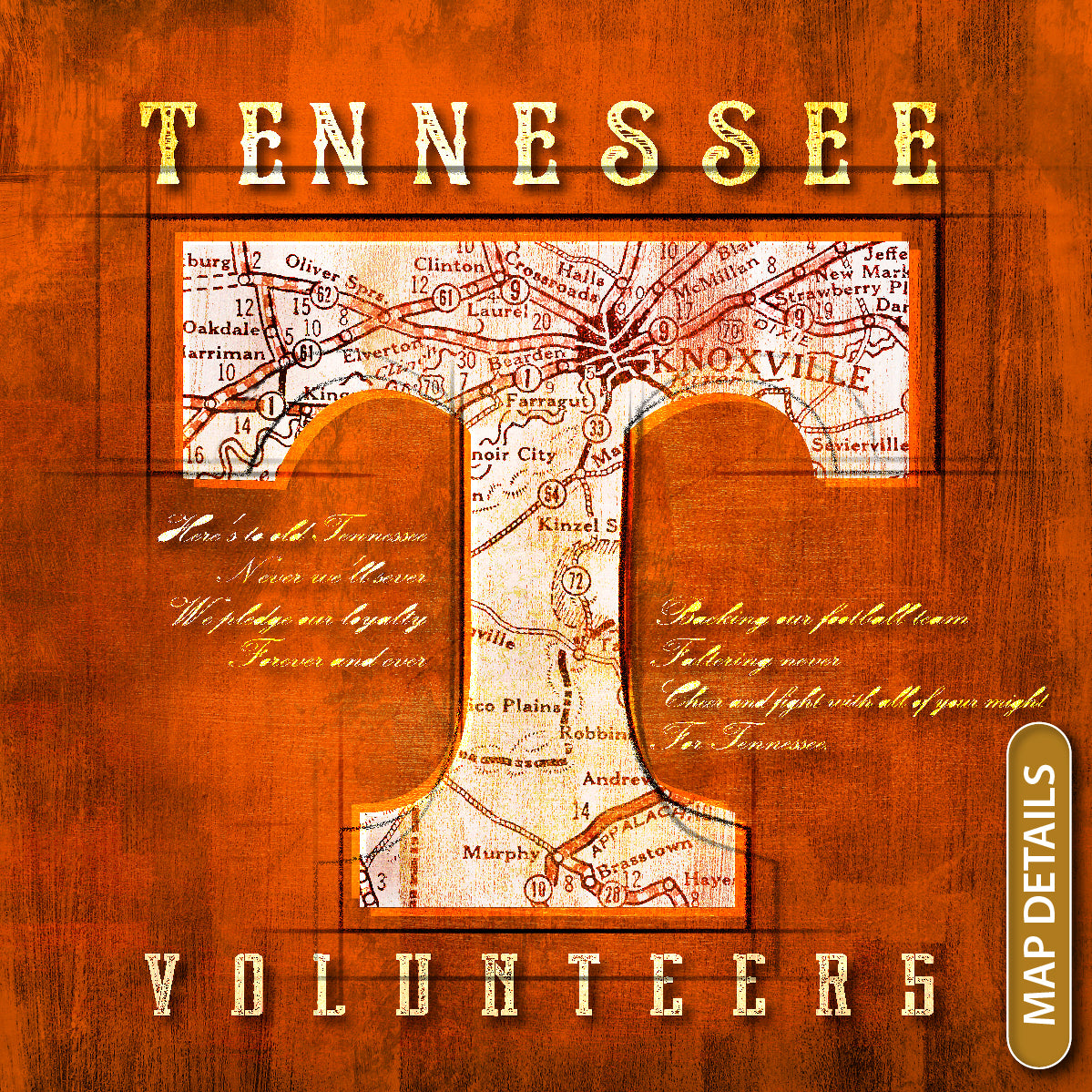 Tennessee Volunteers Vintage Canvas Map | Fight Song Lyrics