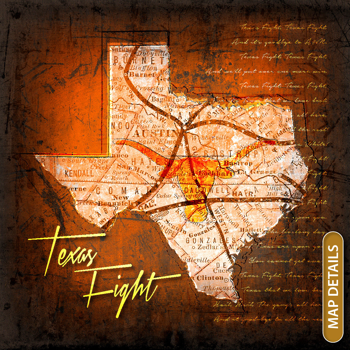 Texas Longhorns Vintage Canvas Map | Texas Fight Song Lyrics