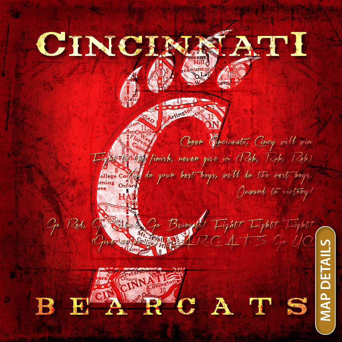 Cincinnati Bearcats Vintage Canvas Map | Fight Song Lyrics