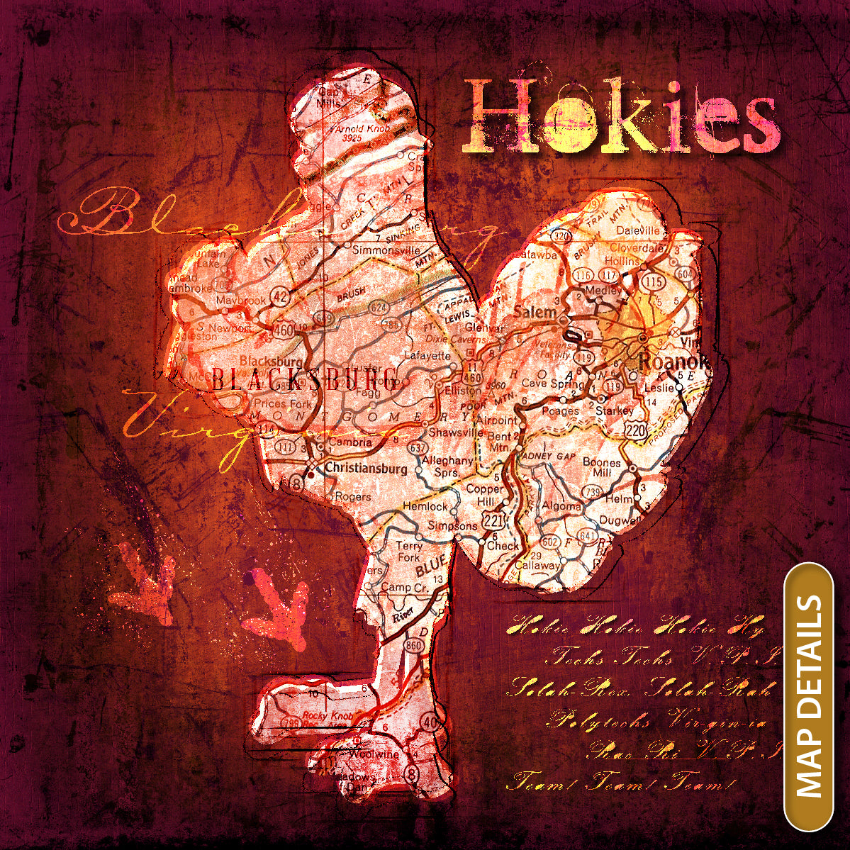 Virginia Tech Hokies Vintage Canvas Map | Fight Song Lyrics