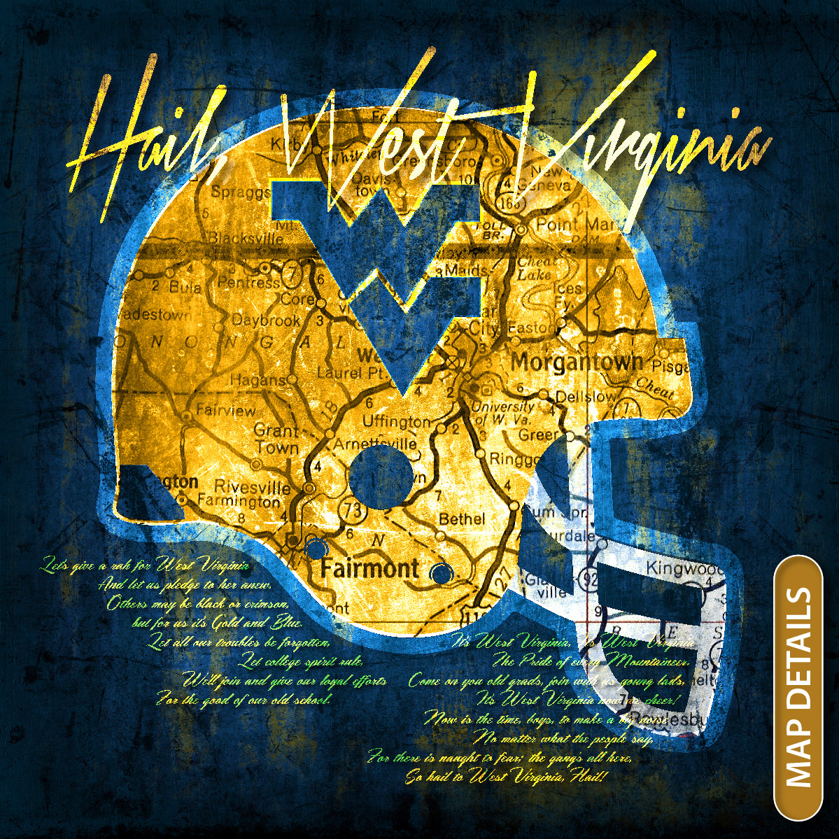 West Virginia Mountaineers Vintage Canvas Helmet Map | Fight Song Lyrics