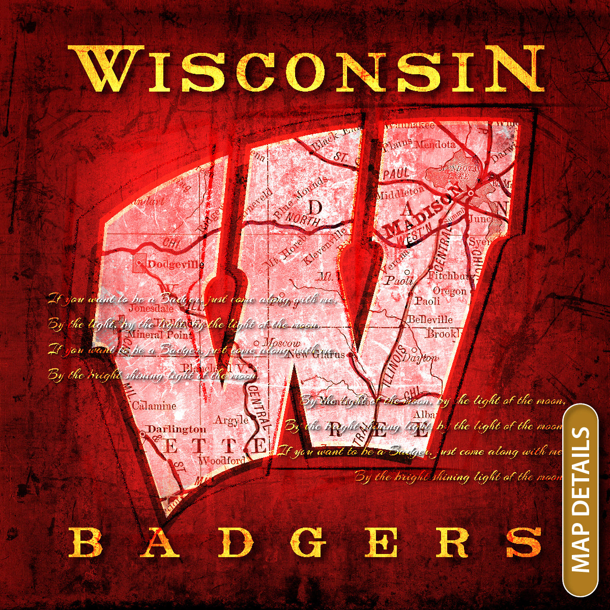 Wisconsin Badgers Vintage Canvas Map | Fight Song Lyrics