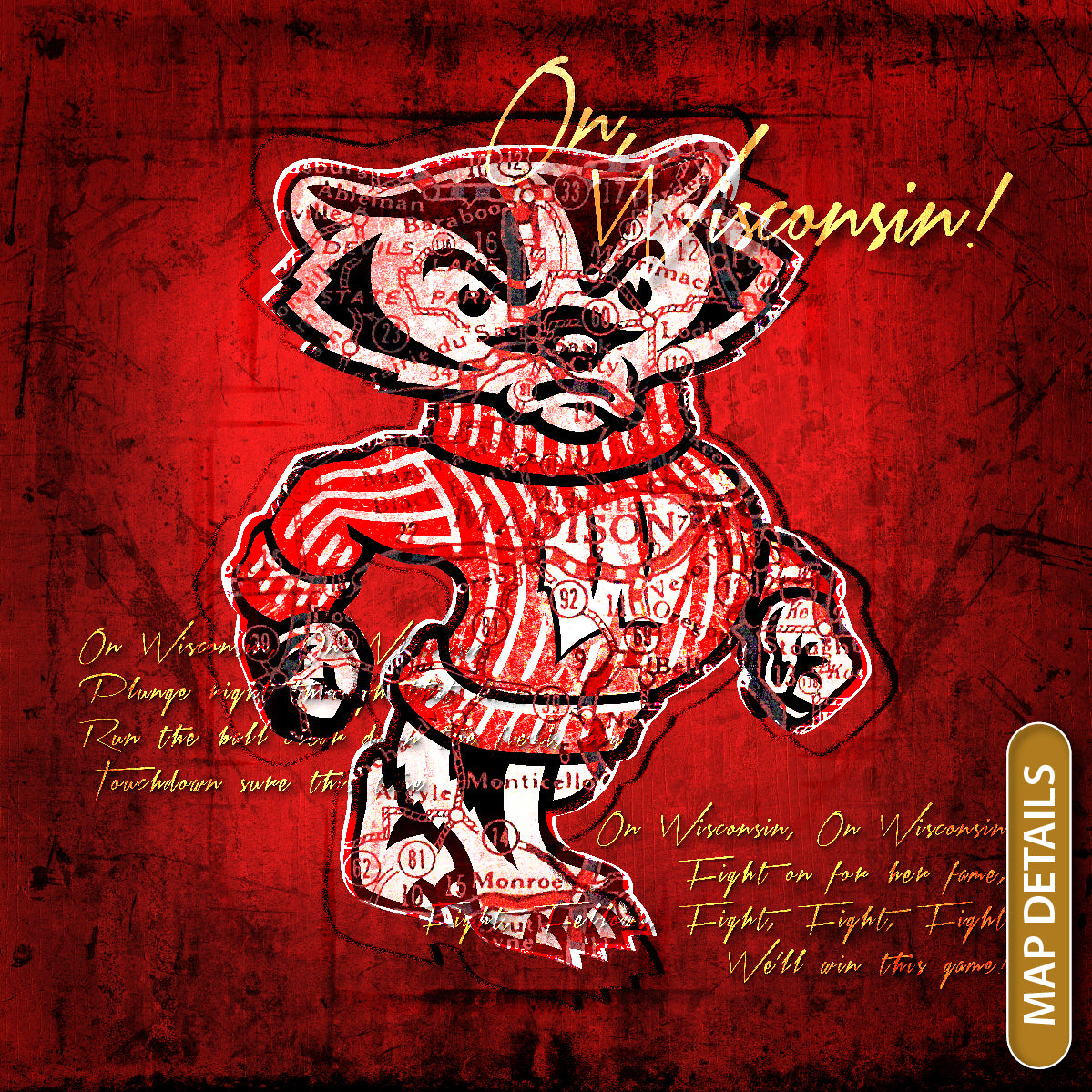 Wisconsin Badgers Vintage Canvas Map | Bucky Badger Fight Song Lyrics
