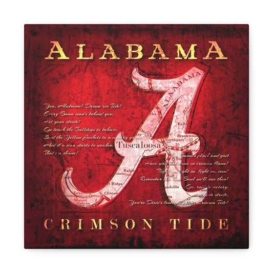 Alabama Crimson Tide Vintage Canvas Map | Fight Song Lyrics